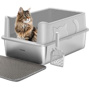 VIVOHOME XL Stainless Steel Cat Litter Box with Lid, Extra Large Litter Pan with High Sides, Easy Clean, Include Double Layer Litter Mat and Scoop, Dark Gray
