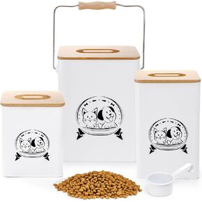Lawei Dog Food Storage Container Set of 3, Metal Pet Treat Container Set with Bamboo Lid and Scoop, Farmhouse Small Dog and Cat Cookie Canister Jar for Dogs and Owners, White Storage Bin