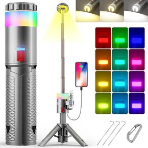 Telescopic Camping Light, 2000LM 10000mAh Rechargeable Camping Lantern with 15 Colors, Remote, IPX4 Waterproof, 180°Rotatable Portable Outdoor Tent Light for Power Outages, Working and Hiking