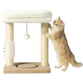 Small Cat Tree Tower Scratching Post with Perch Bed for Indoor Cats and Kittens,Track Ball Hanging Ball Toy Self-Massage Brush Beige