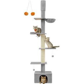 شجرة القطط من الأرض إلى السقف من Feandrea، برج تسلق القطط قابل للتعديل بارتفاع 91-115 بوصة، عمود قطط طويل القامة متعدد المستويات للقطط الداخلية، أعمدة خدش سميكة، شقة، أرجوحة، جثم، رمادي فاتح UPCT210G01 in Kuwait