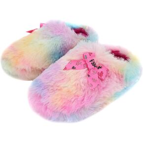 Onmygogo Girls Fuzzy Winter Indoor Slippers with Printed Ribbon