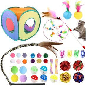 Cat Toys for Indoor Cats 42 Pack,Interactive Cat Toy Set with Collapsible Cat Tunnel Tube, Cat Feather Teaser Wand, Cat Springs Bell Fuzzy Balls Crinkle Toy Mouse Toys,Pompom Ball Kitty Chase Exercise