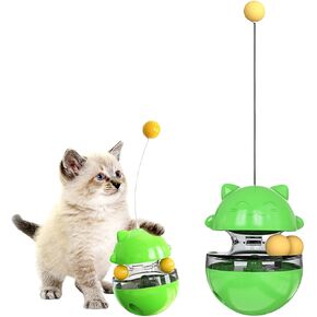 Cat Toy Wobble Ball with Feather Teaser and Treat Dispenser Interactive Cat Play Toy with Rotating Track Ball Enrichment Toy for Bored Cats Encourages Play and Slow Feeding (Green)