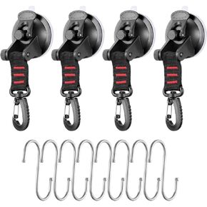OCR 4 Pack Vacuum Suction Cup, Heavy Duty Sucker Cup Anchor with 8 Securing S Hook, Car Tensioner for Camping Car Mount Tents Luggage Tarps Car Side Awning (Black)