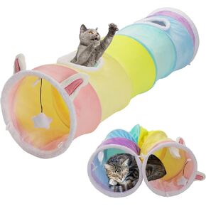 Large Size Straight Cat Tunnel with Four Holes and Hanging Ball for Indoor Cat Exercise, Interactive Crinkle Inside Material