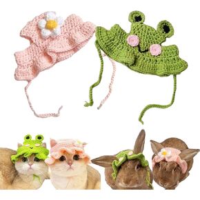 2Pcs Cute Knitted Rabbit Hat, Funny Bunny Hats for Pet Rabbits Large Guinea Pig Small Dog Cat Pet Bunny Costume for Birthday Party Christmas Halloween Easter Travel Accessories (Frog and Flower)