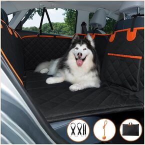 Dog Car Seat Cover with Hard Bottom & Back Seat Extender for Medium/Large Dogs, Backseat Protector with Mesh Window, Waterproof, Scratch-Resistant, with Seat Belt & Toys - Black/Orange