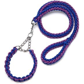 Heavy Duty Nylon Dog Collar Leash Set 8 Strand Rope Braided Adjustable Dog Training Collar for Small, Medium, Large Dog (Small, Black and Purple)