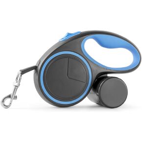 16 Ft 360° Tangle-Free Retractable Dog Leash with Integrated Waste Bag Dispenser, Dog Walking Leash with Non-Slip Handle, Pause and Lock with One Hand, for Small/Medium/Large Dogs (Blue Black)