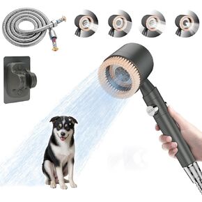 5 Mode Dog Shower Attachment, Soft Brush Dog Shower Head with ON/OFF Switch, 6.5 Feet Stainless Steel Shower Hose, Adhesive Shower Holder, Dog Washing Station for Home Indoor Use