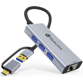 محول USB-C إلى Ethernet من Reborn، جيجابت، محور USB-A/C 4 في 1 مع 3 منافذ USB-A 3.0 ومحول 10/100/1000 RJ45، ومحول USB-A/C إلى LAN لجهاز Surface Pro، Chromebook وأجهزة الكمبيوتر والكمبيوتر المحمول والمزيد in Kuwait