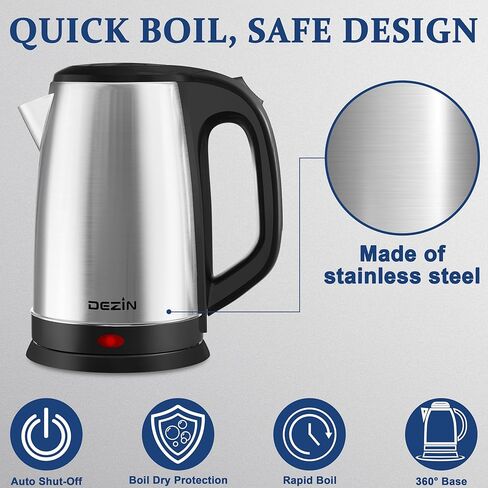 DEZIN Electric Kettle Upgraded, BPA Free 2.5L Stainless Steel Tea Kettle, Fast Boil Water Warmer with Auto Shut Off and Boil Dry Protection Tech for Coffee, Tea, Beverages in Kuwait