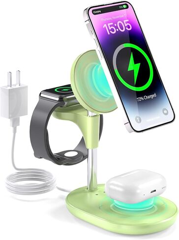 Wireless Charging Station for Multiple Devices Apple, 3 in 1 Wireless Charger Stand Mage-Safe Charger for iPhone 16 15 14 13 12 Pro Max/Plus/Pro Apple Watch AirPods (Mint Green) in Saudi Arabia
