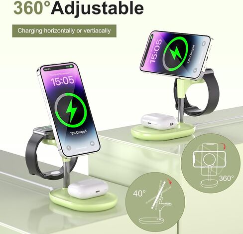 Wireless Charging Station for Multiple Devices Apple, 3 in 1 Wireless Charger Stand Mage-Safe Charger for iPhone 16 15 14 13 12 Pro Max/Plus/Pro Apple Watch AirPods (Mint Green) in Saudi Arabia