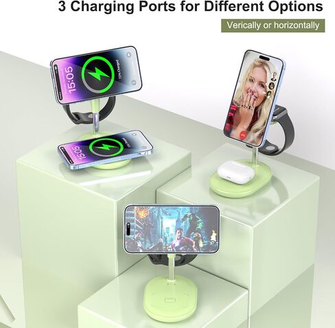 Wireless Charging Station for Multiple Devices Apple, 3 in 1 Wireless Charger Stand Mage-Safe Charger for iPhone 16 15 14 13 12 Pro Max/Plus/Pro Apple Watch AirPods (Mint Green) in Saudi Arabia