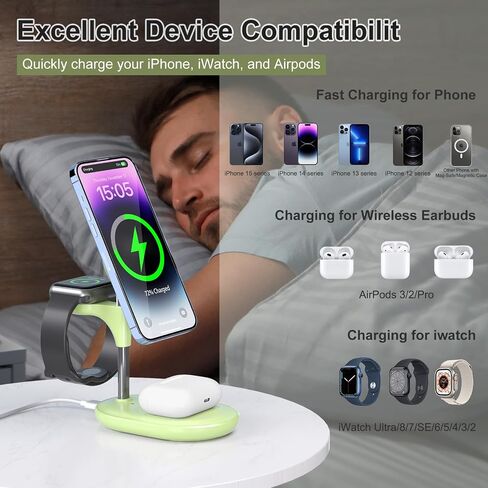 Wireless Charging Station for Multiple Devices Apple, 3 in 1 Wireless Charger Stand Mage-Safe Charger for iPhone 16 15 14 13 12 Pro Max/Plus/Pro Apple Watch AirPods (Mint Green) in Saudi Arabia