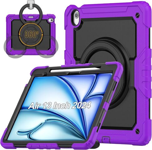 for iPad Air 13 Inch Case 2024 M2, iPad Air 13 2024 Cover with Screen Protector- Pencil Holder- Rotating Stand & Handle- Shoulder Strap- Full Body Shockproof Rugged Protective Cover, Purple in Saudi Arabia