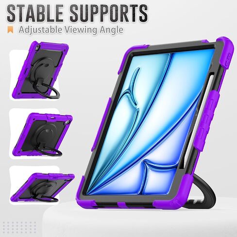 for iPad Air 13 Inch Case 2024 M2, iPad Air 13 2024 Cover with Screen Protector- Pencil Holder- Rotating Stand & Handle- Shoulder Strap- Full Body Shockproof Rugged Protective Cover, Purple in Saudi Arabia