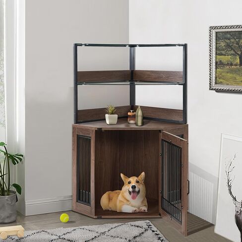 MCombo Corner Dog Crate Furniture with Glass Shelves, Wooden Dog Kennel Furniture with Door, Pet Crate Indoor Use, CN17 (White and Brown) in Saudi Arabia