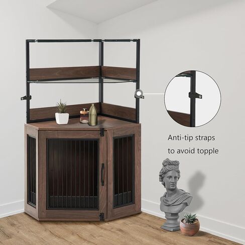 MCombo Corner Dog Crate Furniture with Glass Shelves, Wooden Dog Kennel Furniture with Door, Pet Crate Indoor Use, CN17 (White and Brown) in Saudi Arabia