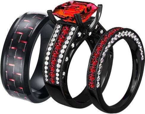 ringheart 2 Rings His and Hers Couple Rings Black Gold Filled Womens Wedding Ring Sets Princess Cut Green Cz Titanium Steel Mens Ring in Saudi Arabia