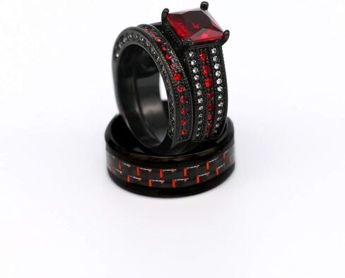 ringheart 2 Rings His and Hers Couple Rings Black Gold Filled Womens Wedding Ring Sets Princess Cut Green Cz Titanium Steel Mens Ring in Saudi Arabia