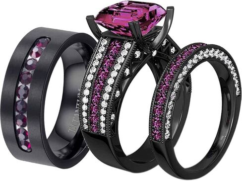 ringheart 2 Rings His and Hers Couple Rings Black Gold Filled Womens Wedding Ring Sets Princess Cut Green Cz Titanium Steel Mens Ring in Saudi Arabia