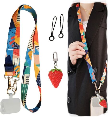 حبل هاتف كروس فني جميل، حزام حبل هاتف قابل للتعديل لمحفظة الهاتف وشارة الهوية + سلسلة مفاتيح الفاكهة in Kuwait