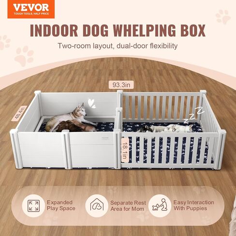 صندوق إنجاب للكلاب من VEVOR، مقاس 93.3 × 48.4 × 18.1 بوصة، صندوق إنجاب ثنائي المنطقة للجراء، قلم إنجاب للجراء، صندوق ولادة للكلاب مزود بقضبان، وسادتان للتبول قابلتان للغسل و2 كيس تخزين، أبيض in Saudi Arabia