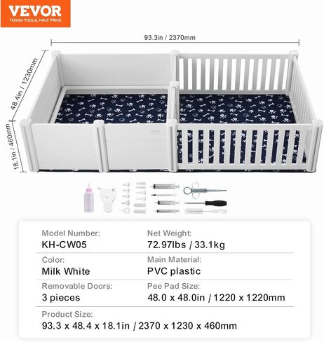 صندوق إنجاب للكلاب من VEVOR، مقاس 93.3 × 48.4 × 18.1 بوصة، صندوق إنجاب ثنائي المنطقة للجراء، قلم إنجاب للجراء، صندوق ولادة للكلاب مزود بقضبان، وسادتان للتبول قابلتان للغسل و2 كيس تخزين، أبيض in Saudi Arabia