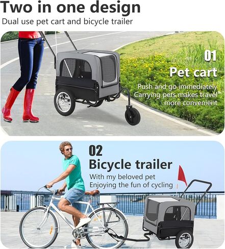 FDW Dog Stroller 2-in1 Dog Bike Trailer Pet Stroller Bicycle Carrier with Hitch Suspension Visibility Flag & Reflectors for Small Medium & Large Dogs, Gray in Saudi Arabia