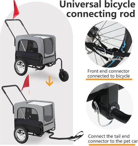 FDW Dog Stroller 2-in1 Dog Bike Trailer Pet Stroller Bicycle Carrier with Hitch Suspension Visibility Flag & Reflectors for Small Medium & Large Dogs, Gray in Saudi Arabia