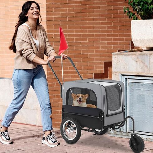 FDW Dog Stroller 2-in1 Dog Bike Trailer Pet Stroller Bicycle Carrier with Hitch Suspension Visibility Flag & Reflectors for Small Medium & Large Dogs, Gray in Saudi Arabia