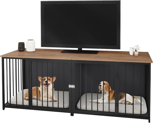 YITAHOME Double Dog Crate Furniture, 80.2 inch Large Breed Dog Kennel with Divider, Heavy Duty Dog House TV Stand Indoor for 2 Medium Dogs, Black in Saudi Arabia