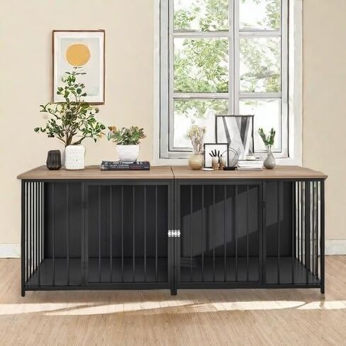 YITAHOME Double Dog Crate Furniture, 80.2 inch Large Breed Dog Kennel with Divider, Heavy Duty Dog House TV Stand Indoor for 2 Medium Dogs, Black in Saudi Arabia
