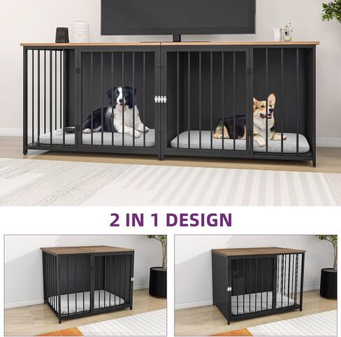 YITAHOME Double Dog Crate Furniture, 80.2 inch Large Breed Dog Kennel with Divider, Heavy Duty Dog House TV Stand Indoor for 2 Medium Dogs, Black in Saudi Arabia
