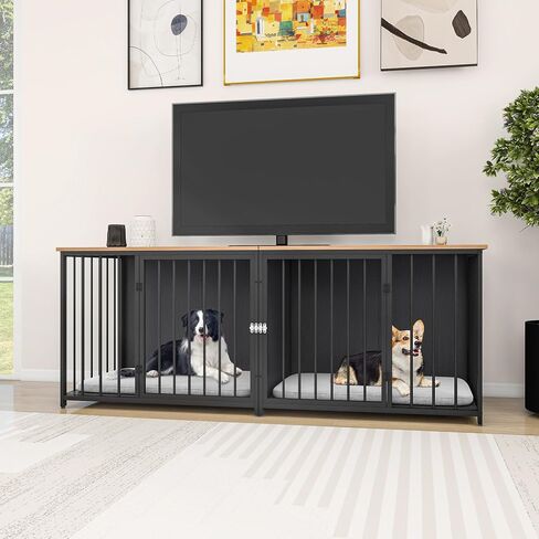 YITAHOME Double Dog Crate Furniture, 80.2 inch Large Breed Dog Kennel with Divider, Heavy Duty Dog House TV Stand Indoor for 2 Medium Dogs, Black in Saudi Arabia