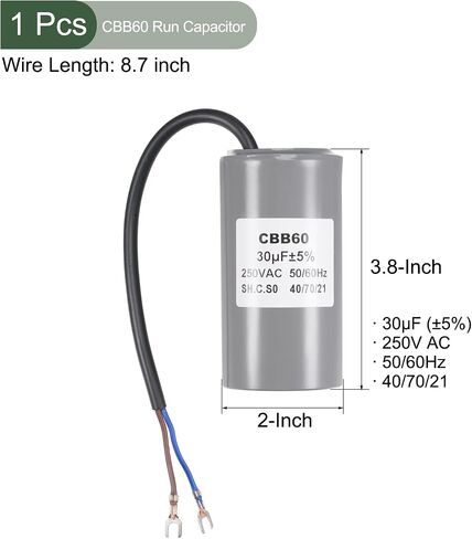 YOKIVE CBB60 Run Capacitor, 250V AC 30uF 50/60Hz with 2 Wires Lead Run Round Capacitor, Low Loss, Great for Washing Machines Motor (Gray, 96x50mm) in Saudi Arabia