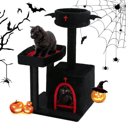 HOMBYS Gothic Cat Tree with Coffin Bed, 30 Inch Balck Cat Tower with Large Cat Condo, Scratching Post and Bat Hanging Ball for Indoor Cats, Multi-Level Black Halloween Kitten Furniture Platform in Saudi Arabia