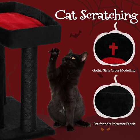 HOMBYS Gothic Cat Tree with Coffin Bed, 30 Inch Balck Cat Tower with Large Cat Condo, Scratching Post and Bat Hanging Ball for Indoor Cats, Multi-Level Black Halloween Kitten Furniture Platform in Saudi Arabia