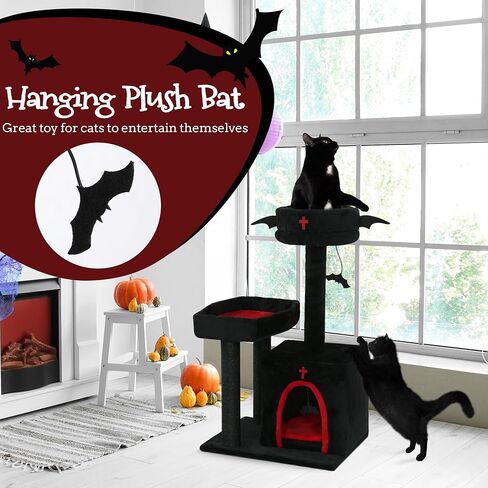 HOMBYS Gothic Cat Tree with Coffin Bed, 30 Inch Balck Cat Tower with Large Cat Condo, Scratching Post and Bat Hanging Ball for Indoor Cats, Multi-Level Black Halloween Kitten Furniture Platform in Saudi Arabia