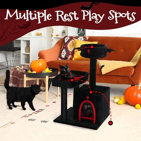 HOMBYS Gothic Cat Tree with Coffin Bed, 30 Inch Balck Cat Tower with Large Cat Condo, Scratching Post and Bat Hanging Ball for Indoor Cats, Multi-Level Black Halloween Kitten Furniture Platform in Saudi Arabia