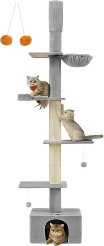 شجرة القطط من الأرض إلى السقف من Feandrea، برج تسلق القطط قابل للتعديل بارتفاع 91-115 بوصة، عمود قطط طويل القامة متعدد المستويات للقطط الداخلية، أعمدة خدش سميكة، شقة، أرجوحة، جثم، رمادي فاتح UPCT210G01 in Kuwait