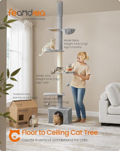 شجرة القطط من الأرض إلى السقف من Feandrea، برج تسلق القطط قابل للتعديل بارتفاع 91-115 بوصة، عمود قطط طويل القامة متعدد المستويات للقطط الداخلية، أعمدة خدش سميكة، شقة، أرجوحة، جثم، رمادي فاتح UPCT210G01 in Kuwait