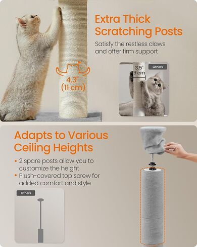 شجرة القطط من الأرض إلى السقف من Feandrea، برج تسلق القطط قابل للتعديل بارتفاع 91-115 بوصة، عمود قطط طويل القامة متعدد المستويات للقطط الداخلية، أعمدة خدش سميكة، شقة، أرجوحة، جثم، رمادي فاتح UPCT210G01 in Kuwait