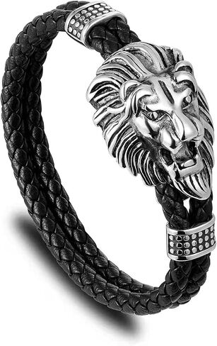 Mens Black braided leather Bangle Bracelet, Vintage Stainless Steel Roaring Lion Head, Two-row in Kuwait