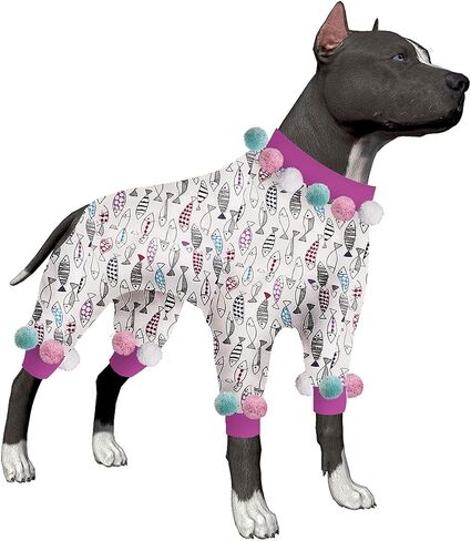 LovinPet Pet Pjs for Large Dogs, UV & Post Operative Protection, 4 Legged High Collar Dog Onesies, Lightweight Stretchable Ugly Fish White Prints Large Dog Pajamas as Base Shirt for Dog Dresses XXL in Saudi Arabia