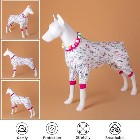 LovinPet Pet Pjs for Large Dogs, UV & Post Operative Protection, 4 Legged High Collar Dog Onesies, Lightweight Stretchable Ugly Fish White Prints Large Dog Pajamas as Base Shirt for Dog Dresses XXL in Saudi Arabia