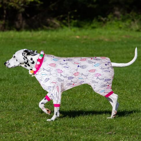 LovinPet Pet Pjs for Large Dogs, UV & Post Operative Protection, 4 Legged High Collar Dog Onesies, Lightweight Stretchable Ugly Fish White Prints Large Dog Pajamas as Base Shirt for Dog Dresses XXL in Saudi Arabia